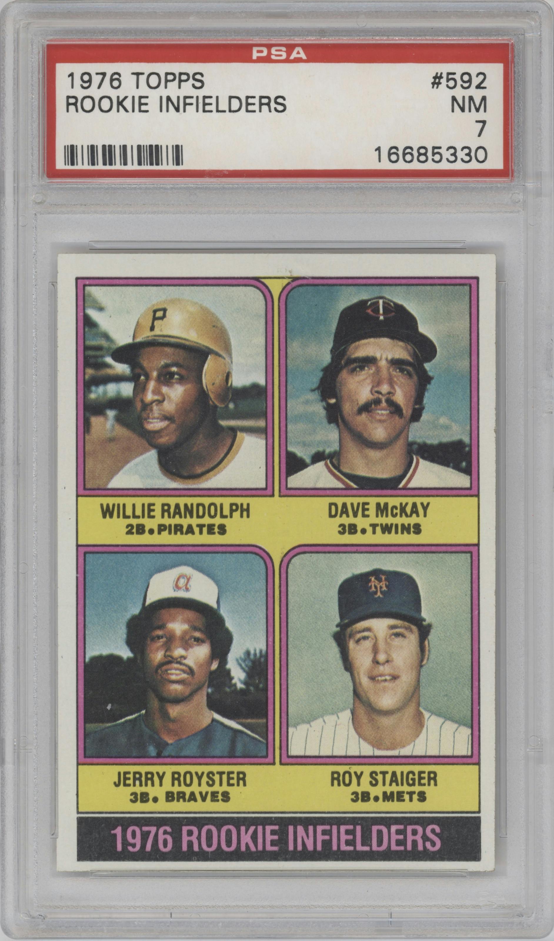 Willie Randolph/Dave Mckay/Jerry Royster/Roy Staiger from the 1976 Topps set graded by PSA and given an overall grade of 7.