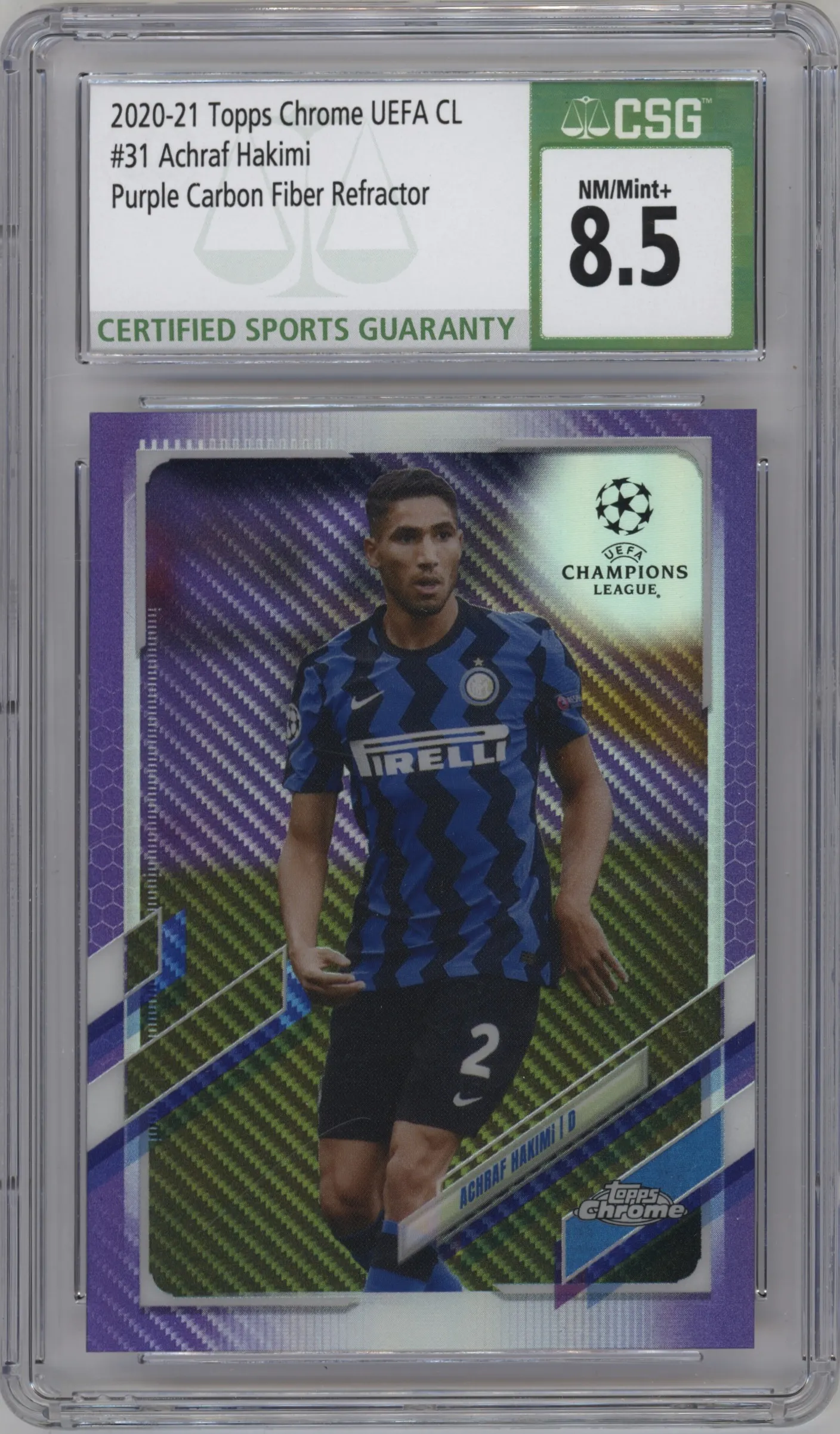 2020 Topps Chrome UEFA Champions League Achraf Hakimi Purple Carbon Fiber Refractor #31 CGC 8.5