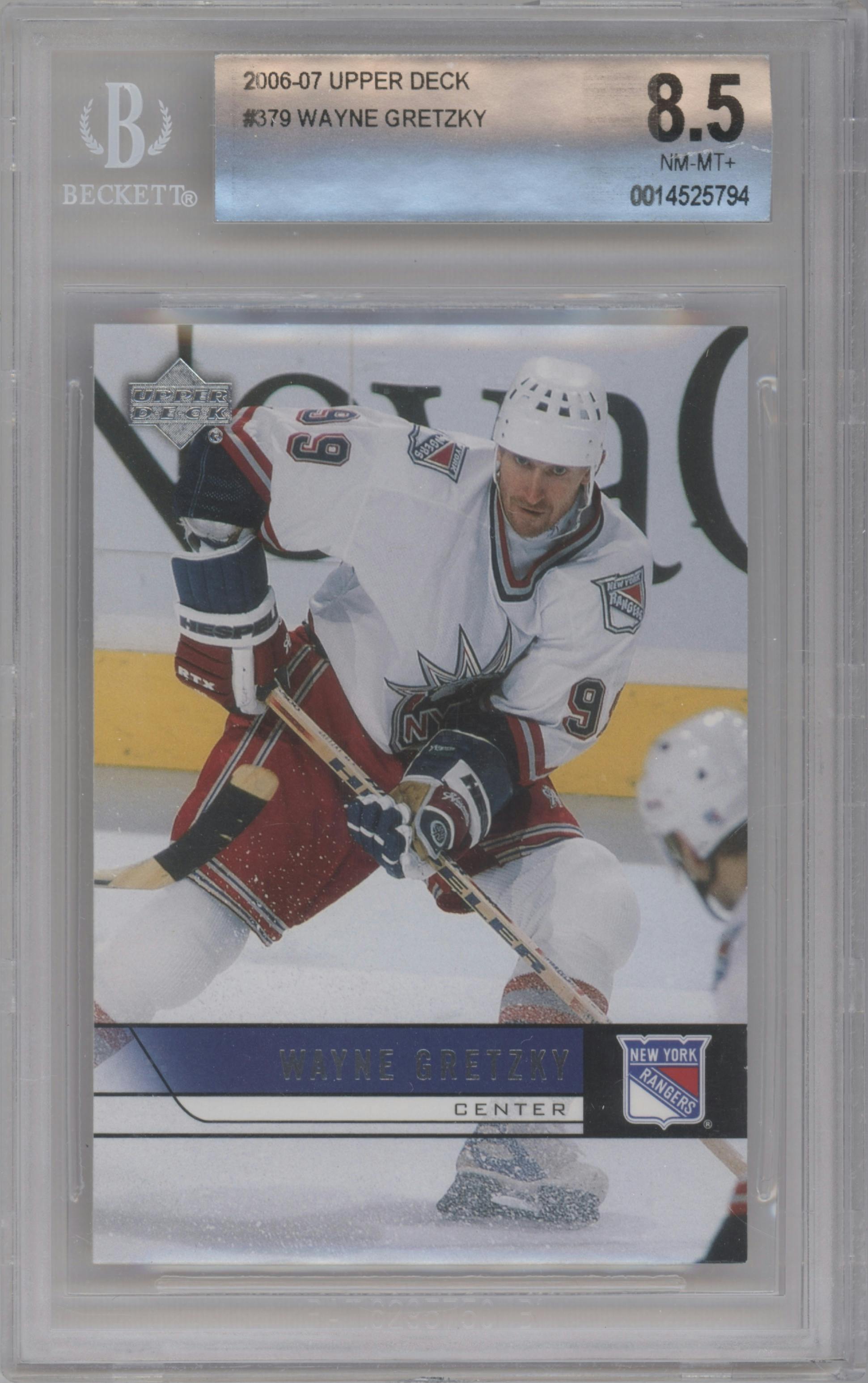 Wayne Gretzky from the 2006-07 Upper Deck set graded by Beckett and given an overall grade of 8.5.