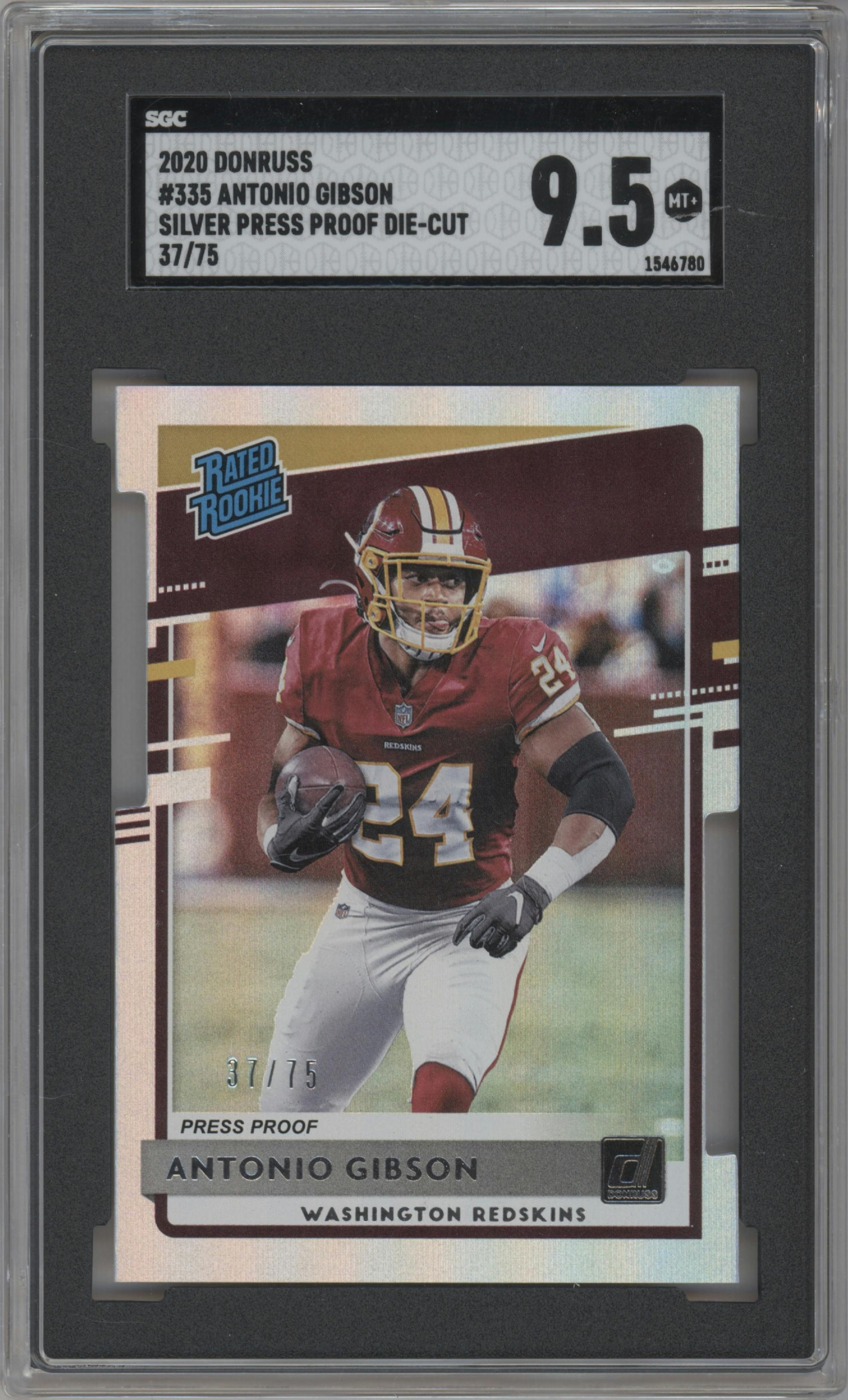 Antonio Gibson from the 2020 Panini Donruss set featuring a Press Proof Silver Die-Cut parallel graded by SGC and given an overall grade of 9.5.