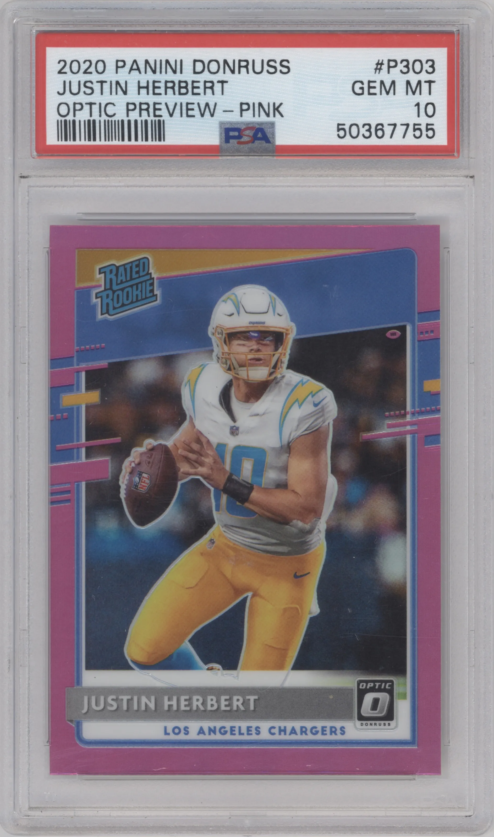2020 Panini Donruss Opt.Rtd.Rke.Prev. Justin Herbert Pink PSA 10
