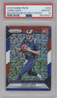 Jared Goff from the 2016 Panini Prizm set featuring a Red/White/Blue Disco Prizm parallel graded by PSA and given an overall grade of 10.