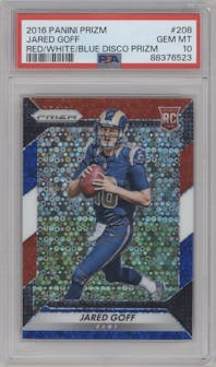 Jared Goff from the 2016 Panini Prizm set featuring a Red/White/Blue Disco Prizm parallel graded by PSA and given an overall grade of 10.