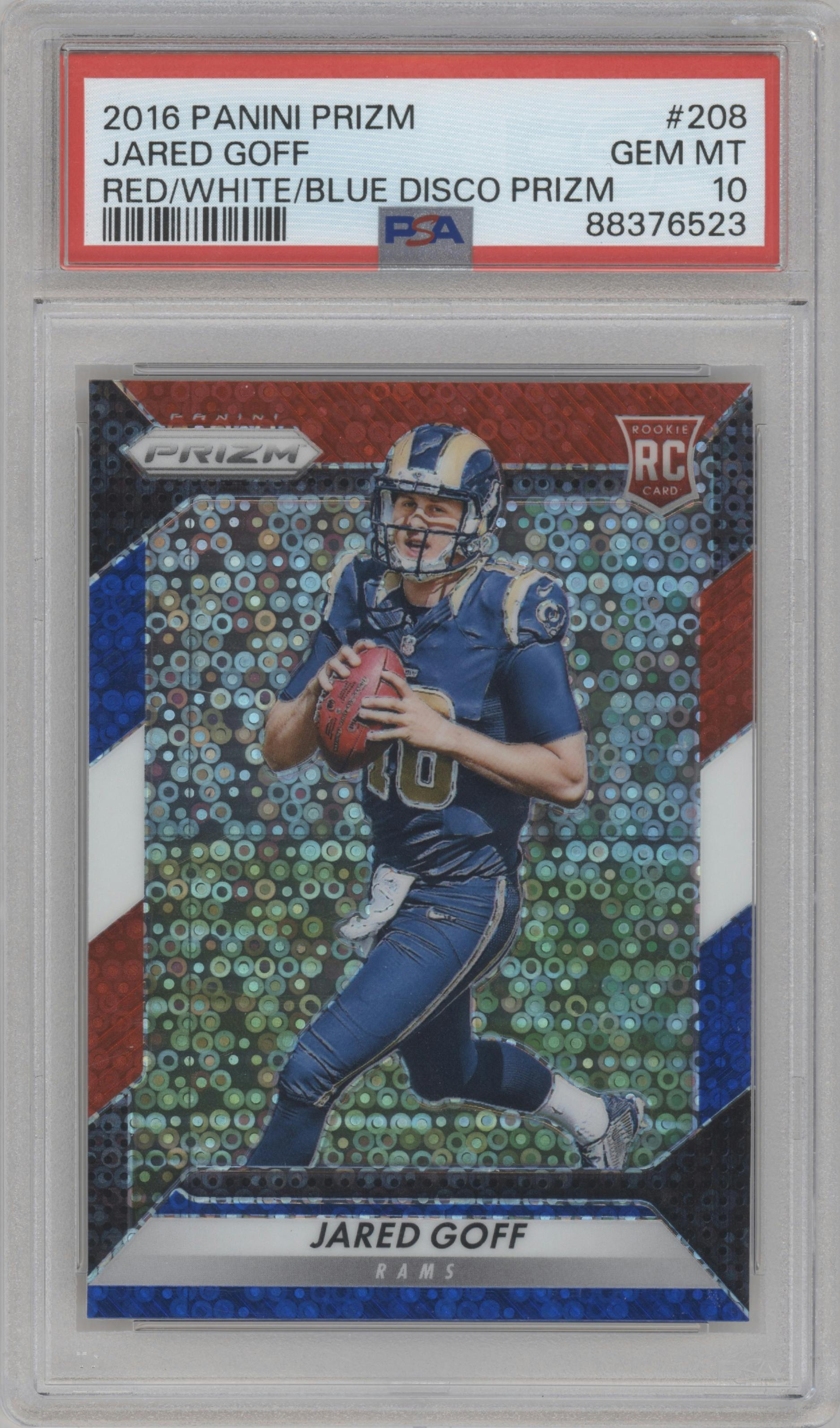 Jared Goff from the 2016 Panini Prizm set featuring a Red/White/Blue Disco Prizm parallel graded by PSA and given an overall grade of 10.