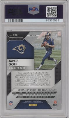 Jared Goff from the 2016 Panini Prizm set featuring a Red/White/Blue Disco Prizm parallel graded by PSA and given an overall grade of 10.