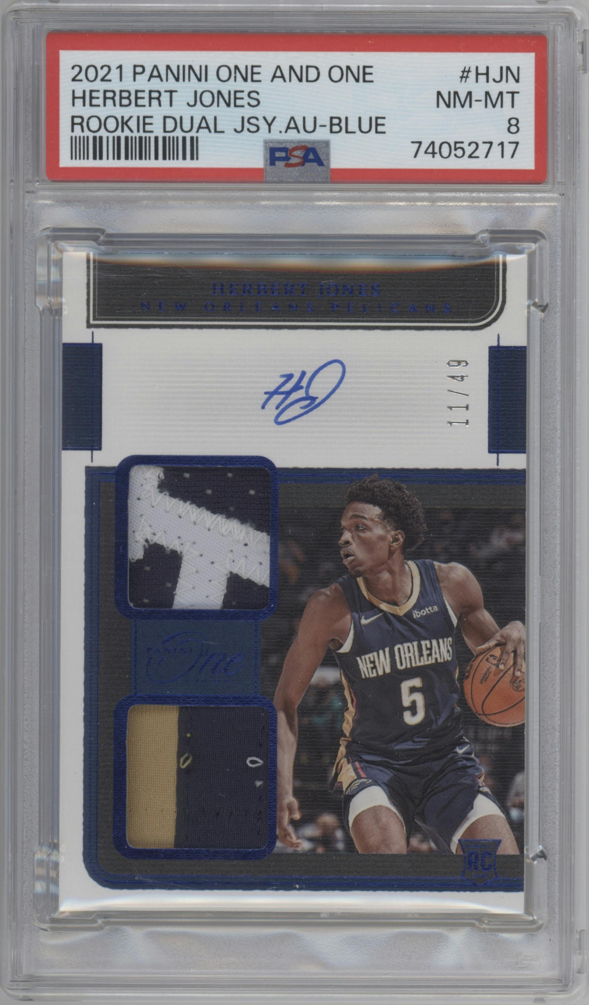 Herbert Jones from the 2021-22 Panini One and One set featuring a Blue parallel graded by PSA and given an overall grade of 8.