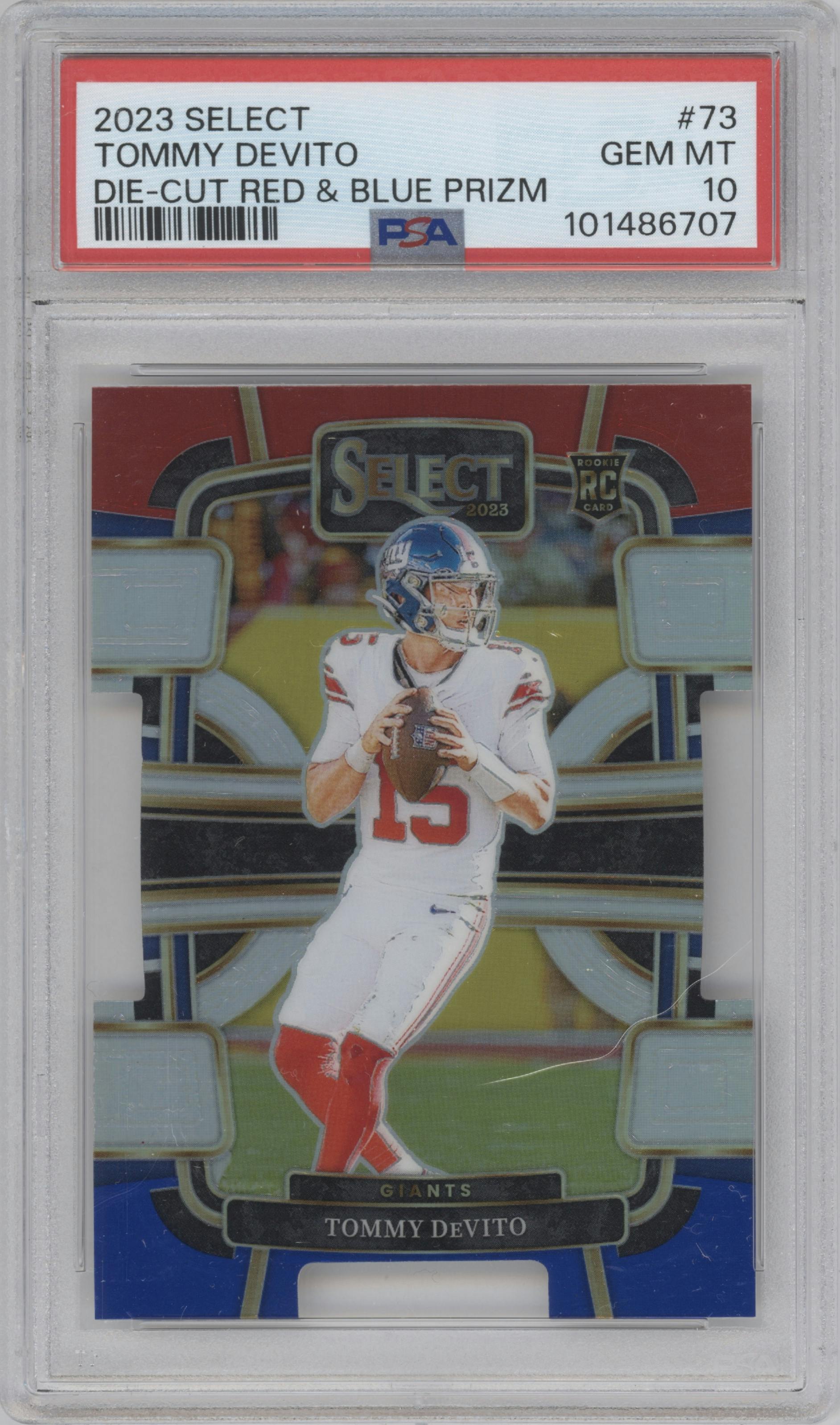 Tommy DeVito  from the 2023 Panini Select set featuring a Die-Cut Red & Blue parallel graded by PSA and given an overall grade of 10.
