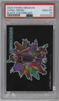 Lionel Messi from the 2020-21 Panini Obsidian set graded by PSA and given an overall grade of 10.