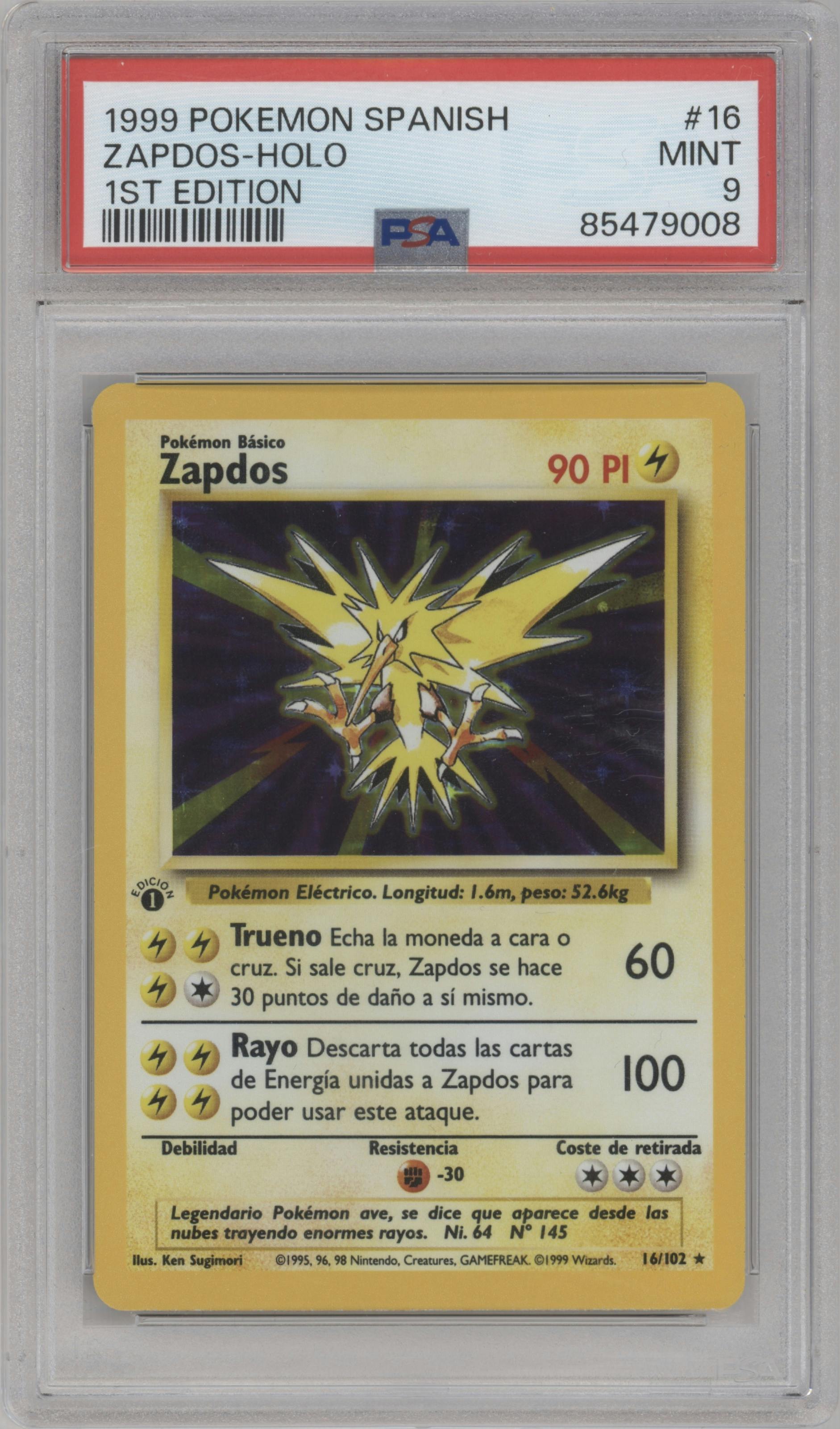 Zapdos from the 1999 Pokemon Spanish set graded by PSA and given an overall grade of 9.