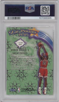Michael Jordan from the 1997-98 Fleer Ultra set featuring a Plus parallel graded by PSA and given an overall grade of 8.