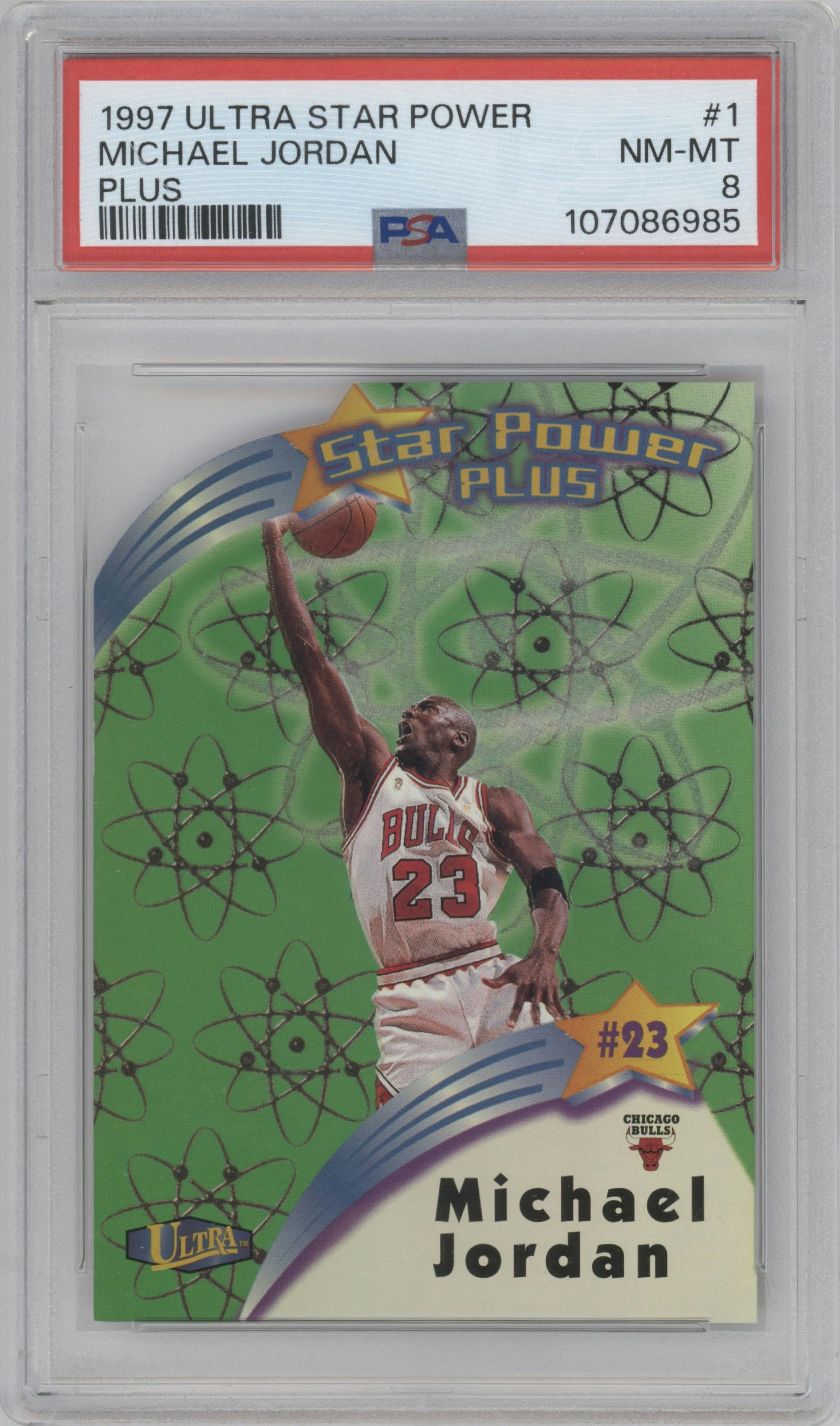 Michael Jordan from the 1997-98 Fleer Ultra set featuring a Plus parallel graded by PSA and given an overall grade of 8.