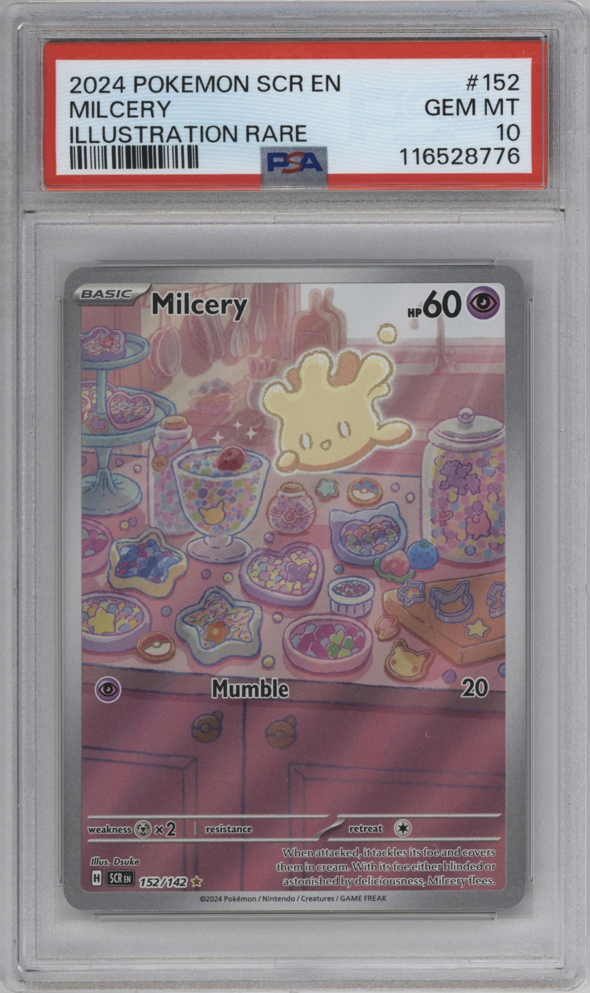 Milcery from the 2024 Pokemon SV set graded by PSA and given an overall grade of 10.