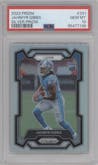 Jahmyr Gibbs from the 2023 Panini Prizm set featuring a Silver Prizm parallel graded by PSA and given an overall grade of 10.