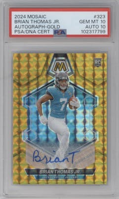 Brian Thomas Jr. from the 2024 Panini Mosaic set featuring a Gold Mosaic parallel graded by PSA and given an overall grade of 10.