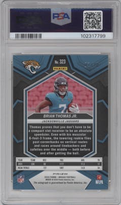 Brian Thomas Jr. from the 2024 Panini Mosaic set featuring a Gold Mosaic parallel graded by PSA and given an overall grade of 10.