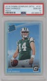 Sam Darnold from the 2018 Panini Donruss Optic set featuring a Holo parallel graded by PSA and given an overall grade of 10.