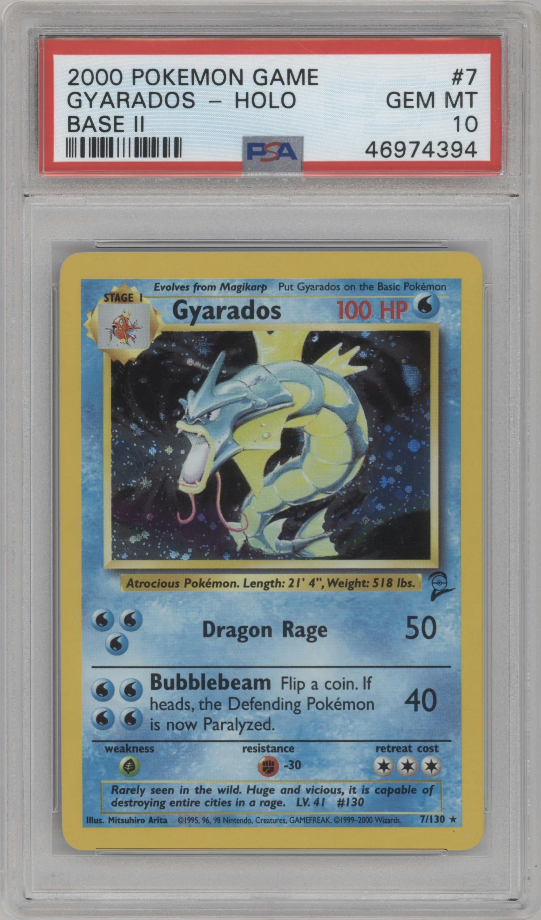 Gyarados from the 2000 Pokemon set graded by PSA and given an overall grade of 10.