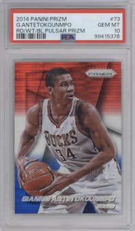 Giannis Antetokounmpo from the 2014-15 Panini Prizm set featuring a Red/White/Blue Pulsar parallel graded by PSA and given an overall grade of 10.