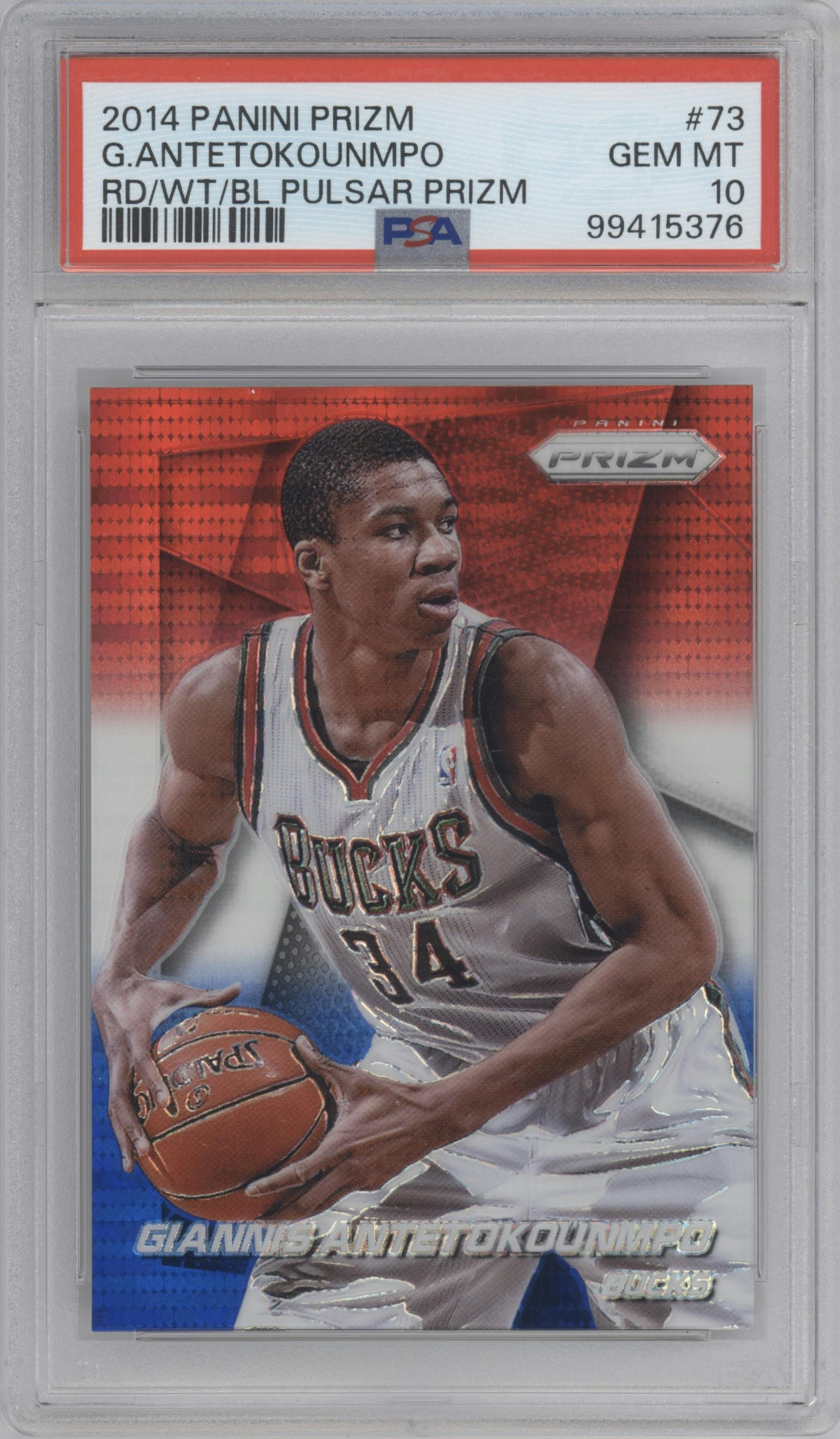 Giannis Antetokounmpo from the 2014-15 Panini Prizm set featuring a Red/White/Blue Pulsar parallel graded by PSA and given an overall grade of 10.