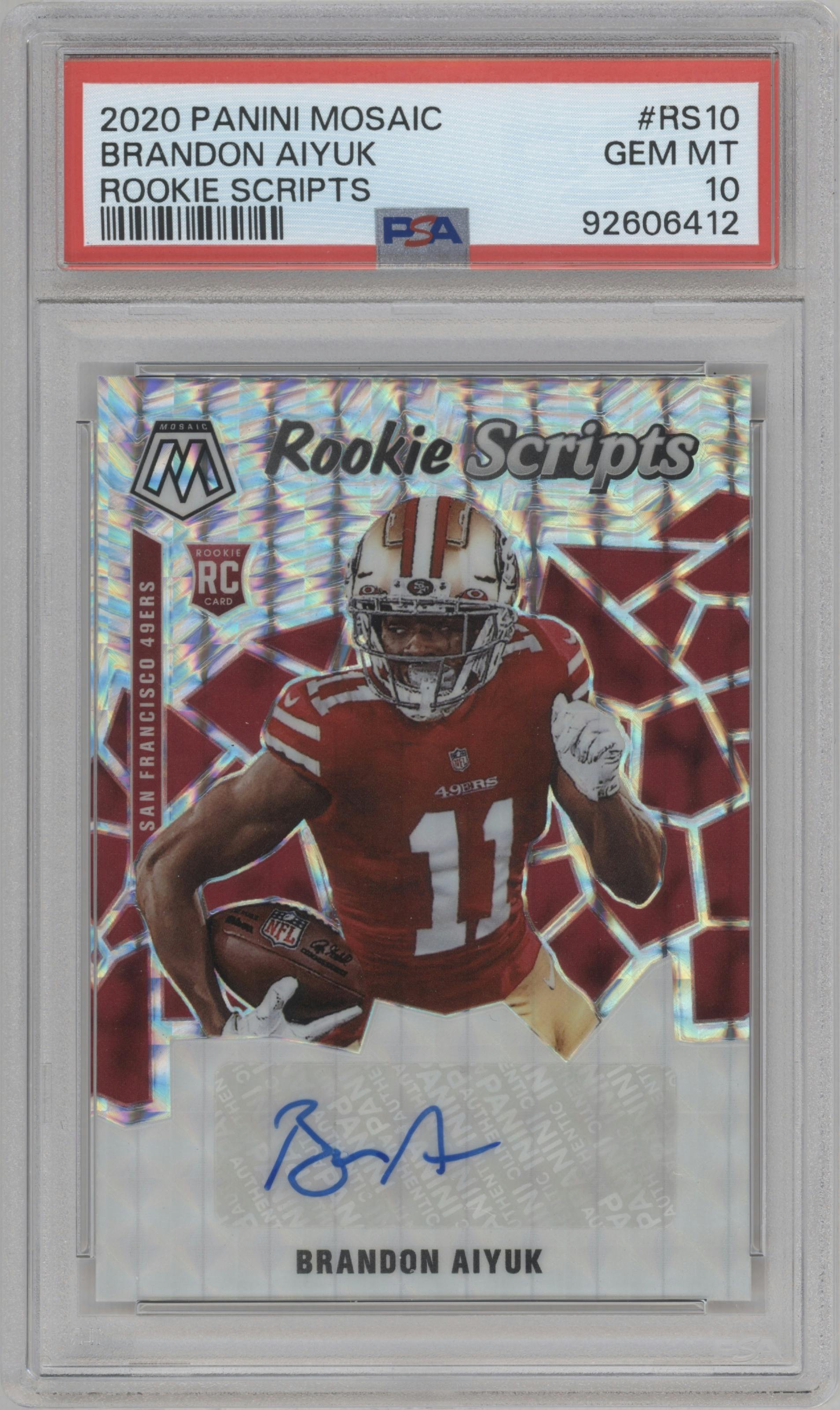 Brandon Aiyuk from the 2020 Panini Mosaic set graded by PSA and given an overall grade of 10.