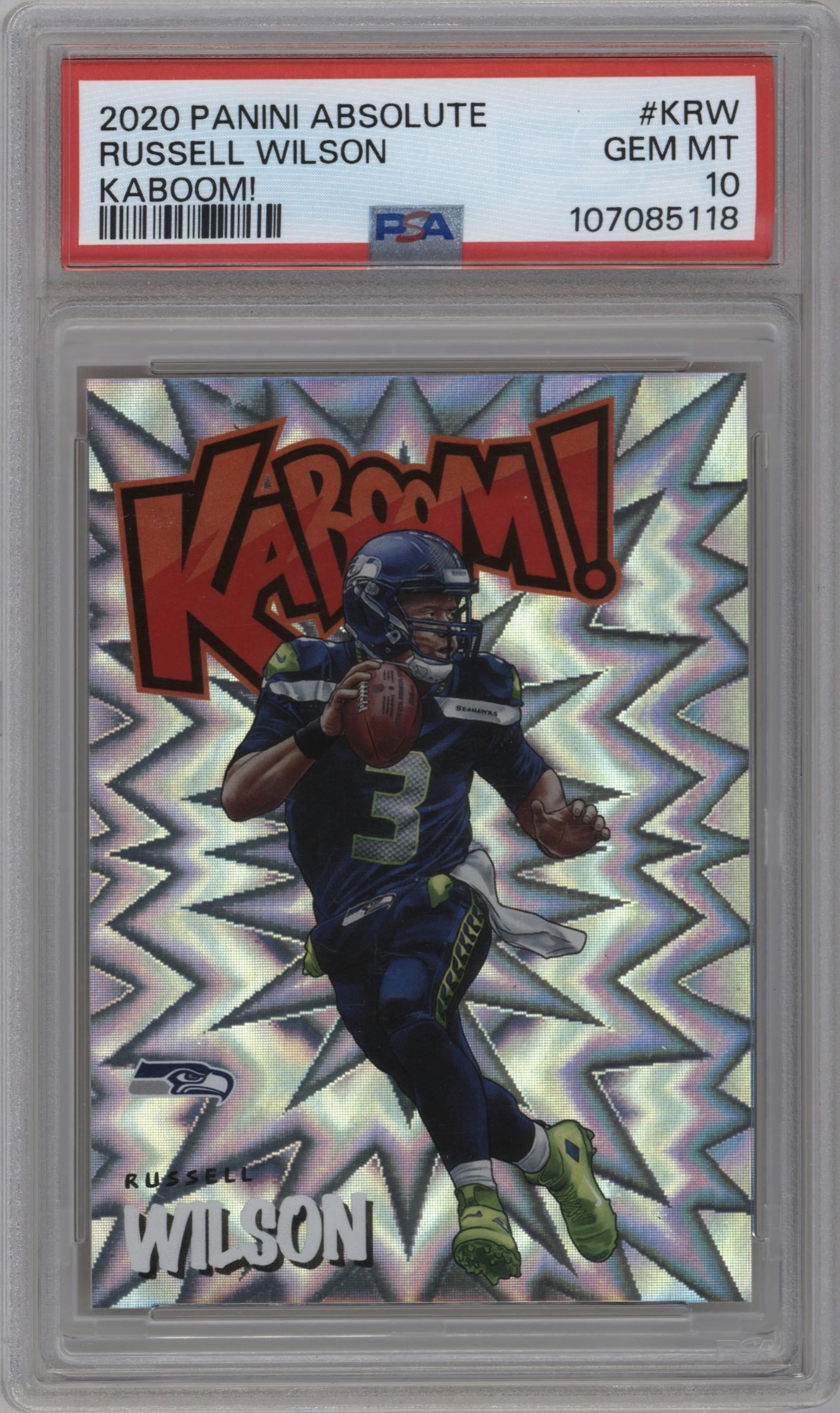 Russell Wilson from the 2020 Panini Absolute set graded by PSA and given an overall grade of 10.