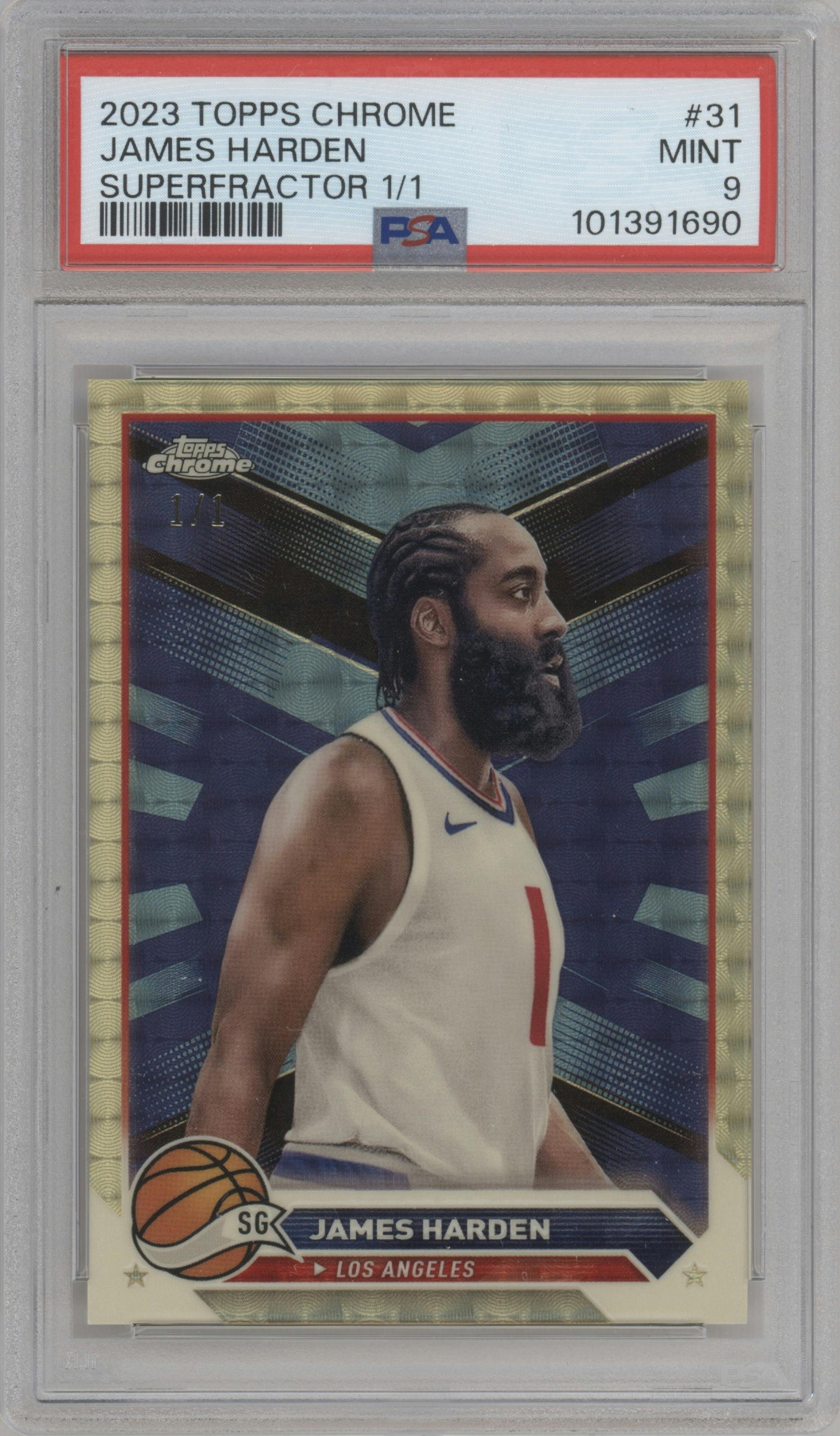 James Harden from the 2023-24 Topps Chrome set featuring a SuperFractor parallel graded by PSA and given an overall grade of 9.