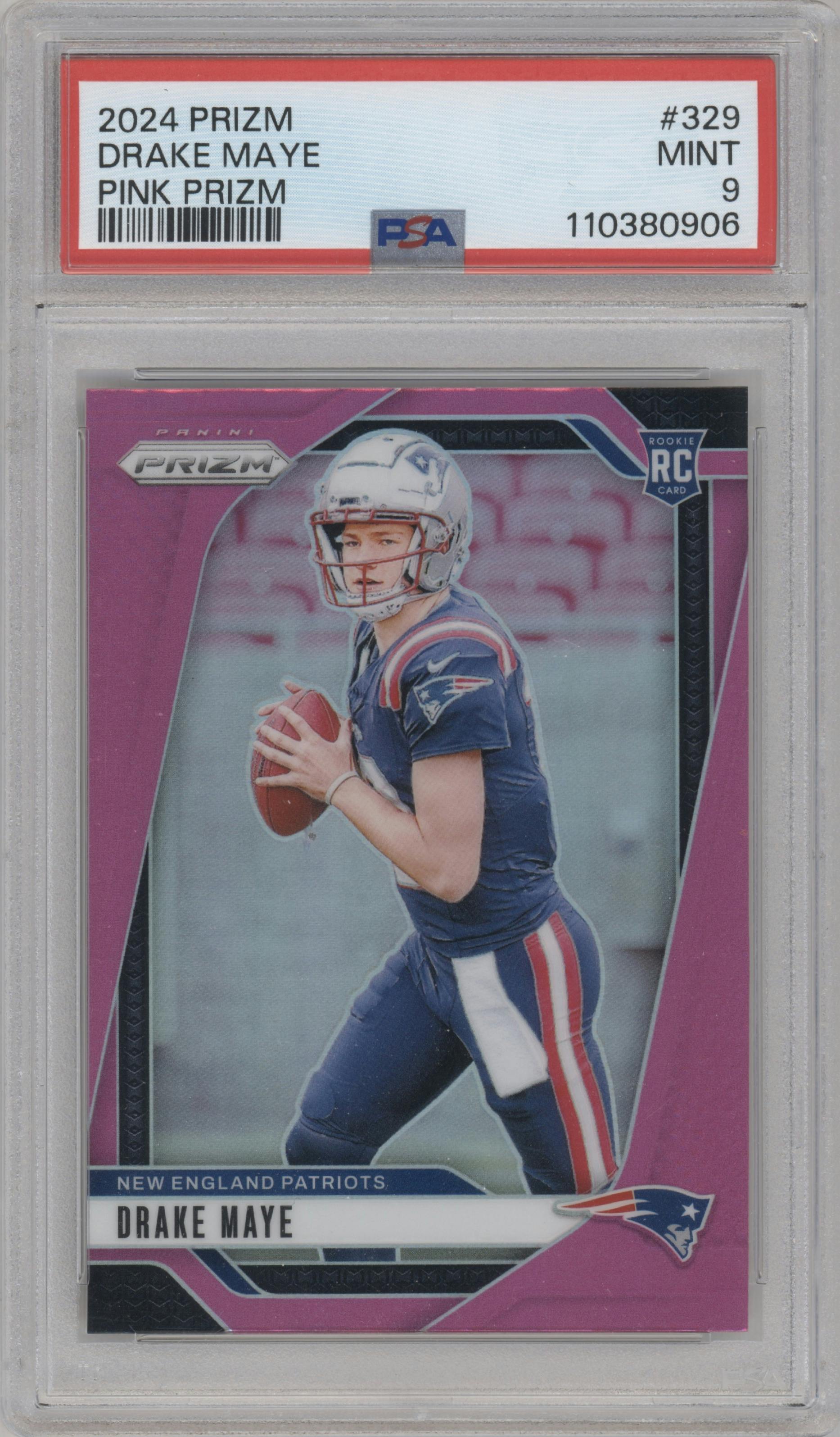 Drake Maye from the 2024 Panini Prizm set featuring a Pink Prizm parallel graded by PSA and given an overall grade of 9.