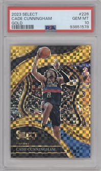 Cade Cunningham from the 2023-24 Panini Select  set featuring a Gold Prizm parallel graded by PSA and given an overall grade of 10.