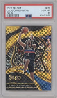 Cade Cunningham from the 2023-24 Panini Select  set featuring a Gold Prizm parallel graded by PSA and given an overall grade of 10.