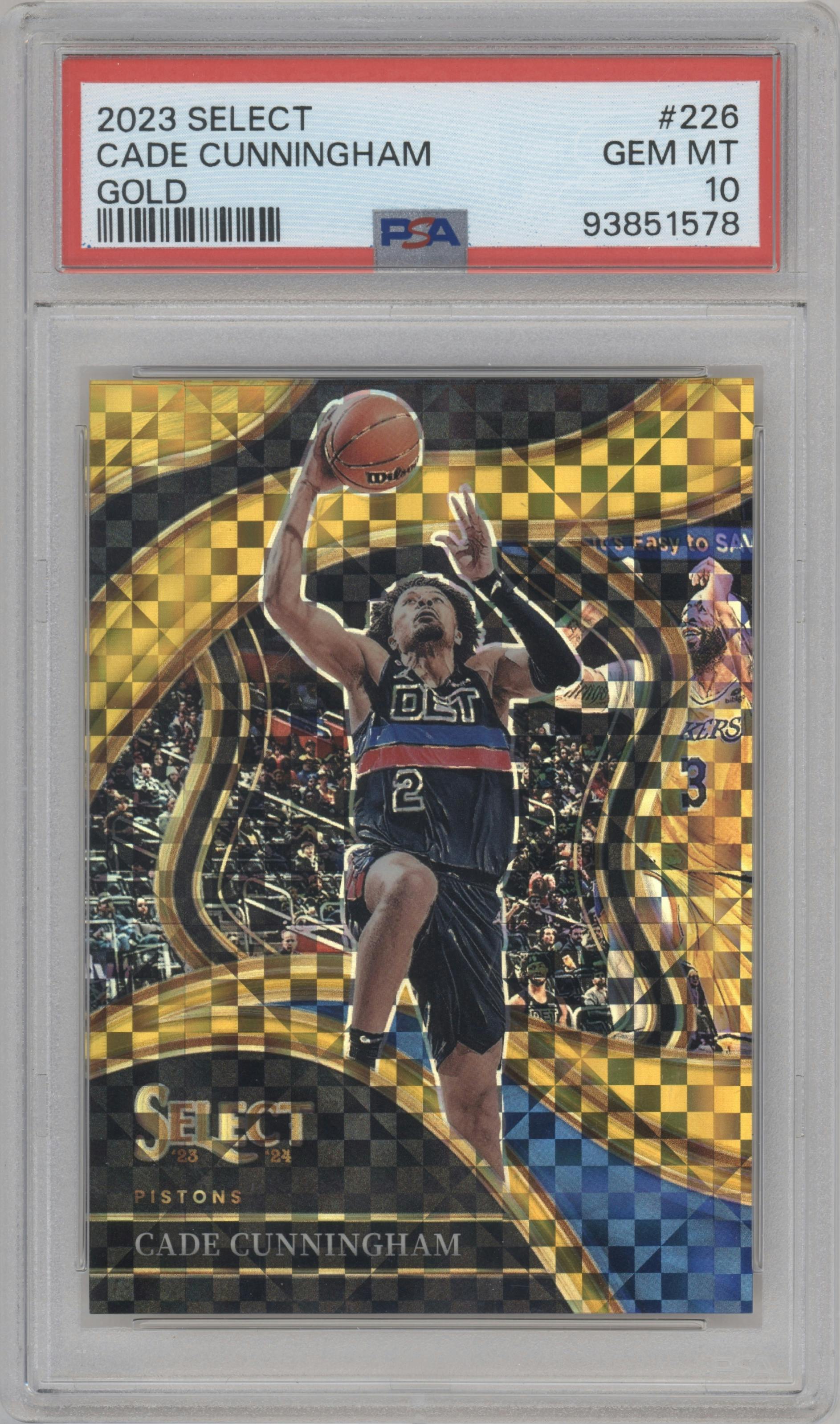 Cade Cunningham from the 2023-24 Panini Select  set featuring a Gold Prizm parallel graded by PSA and given an overall grade of 10.