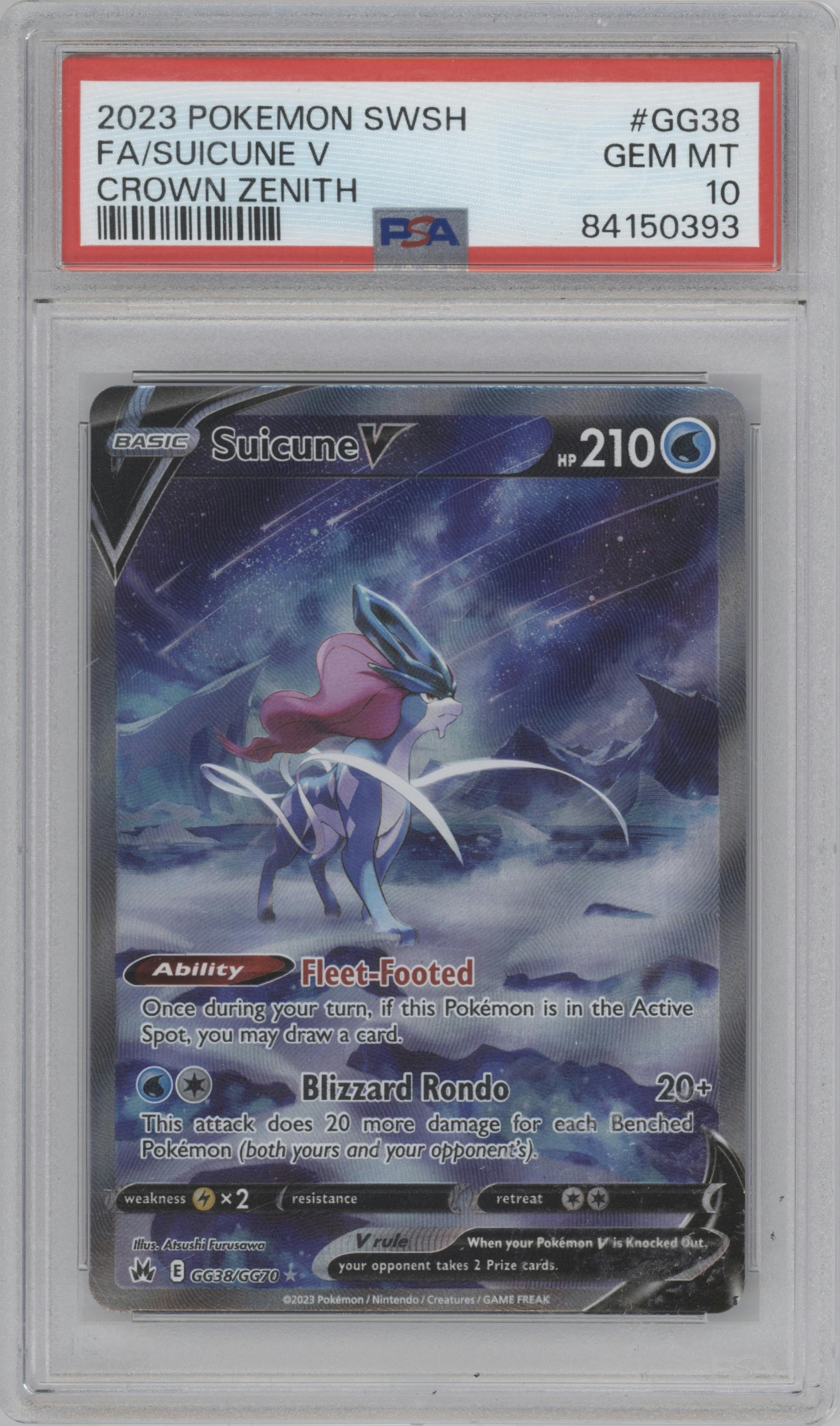 Suicune V from the 2023 Pokemon SWSH set graded by PSA and given an overall grade of 10.