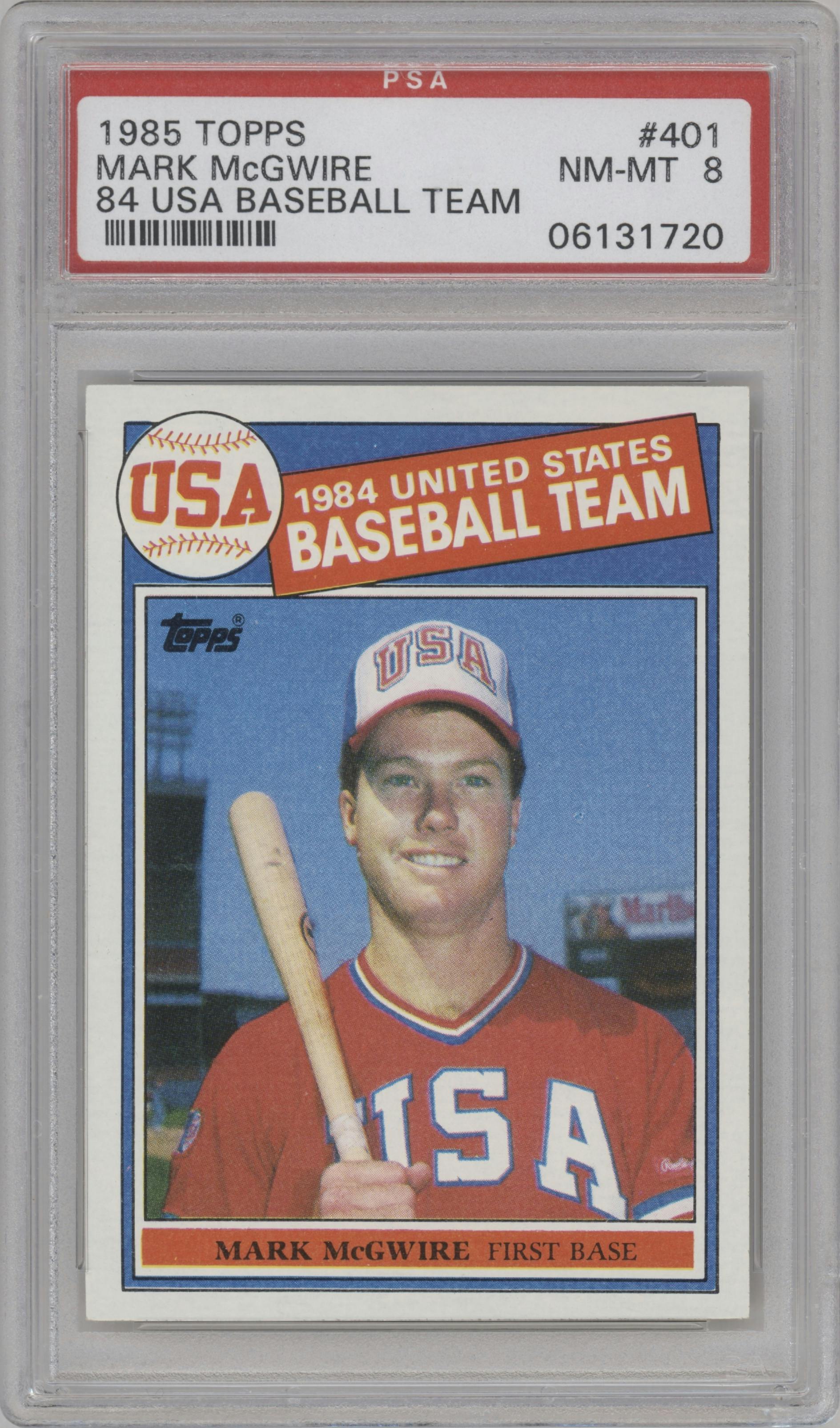 Mark McGwire from the 1985 Topps set graded by PSA and given an overall grade of 8.