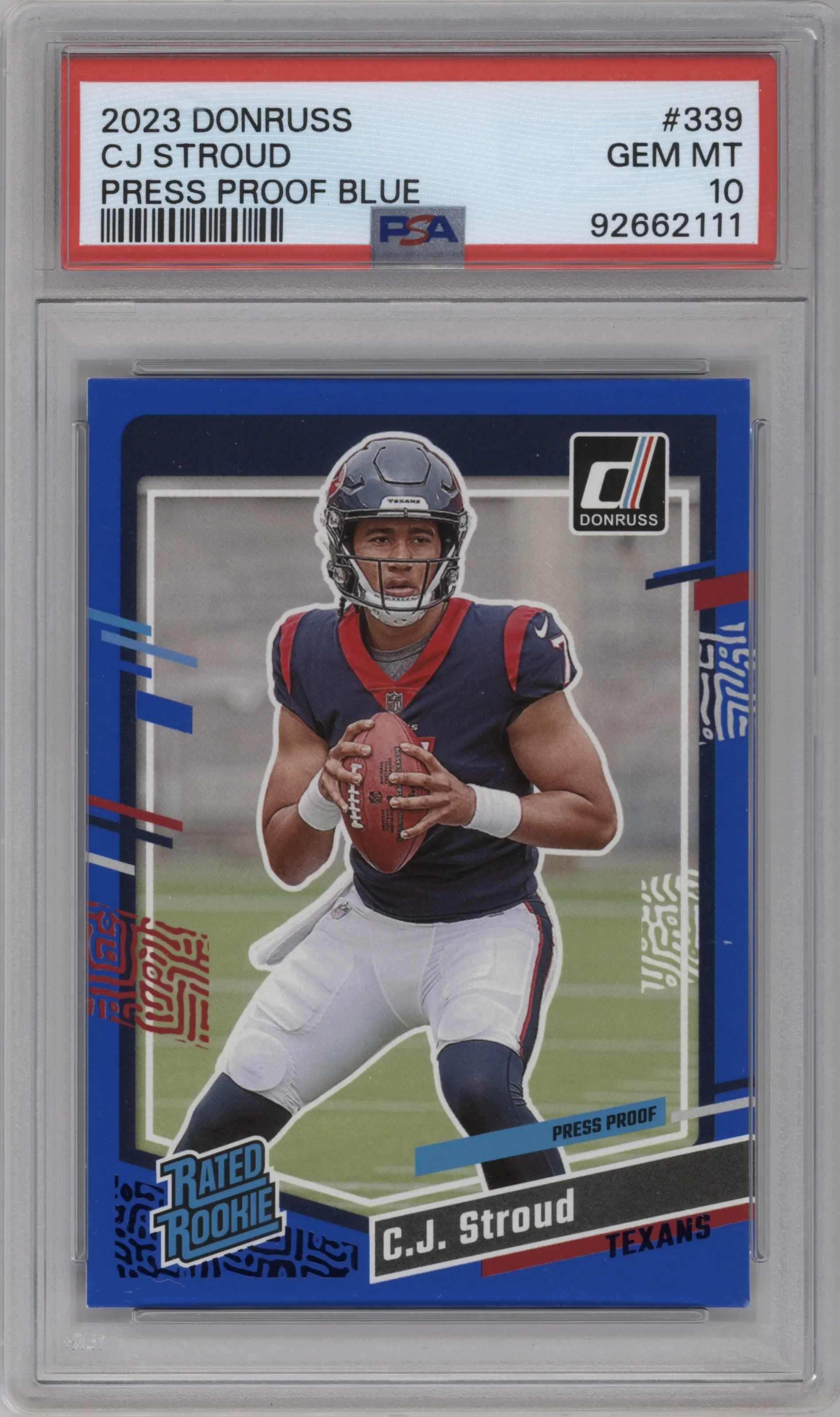2023 Panini Donruss Rated Rookie C.J. Stroud Press Proof Blue PSA 10