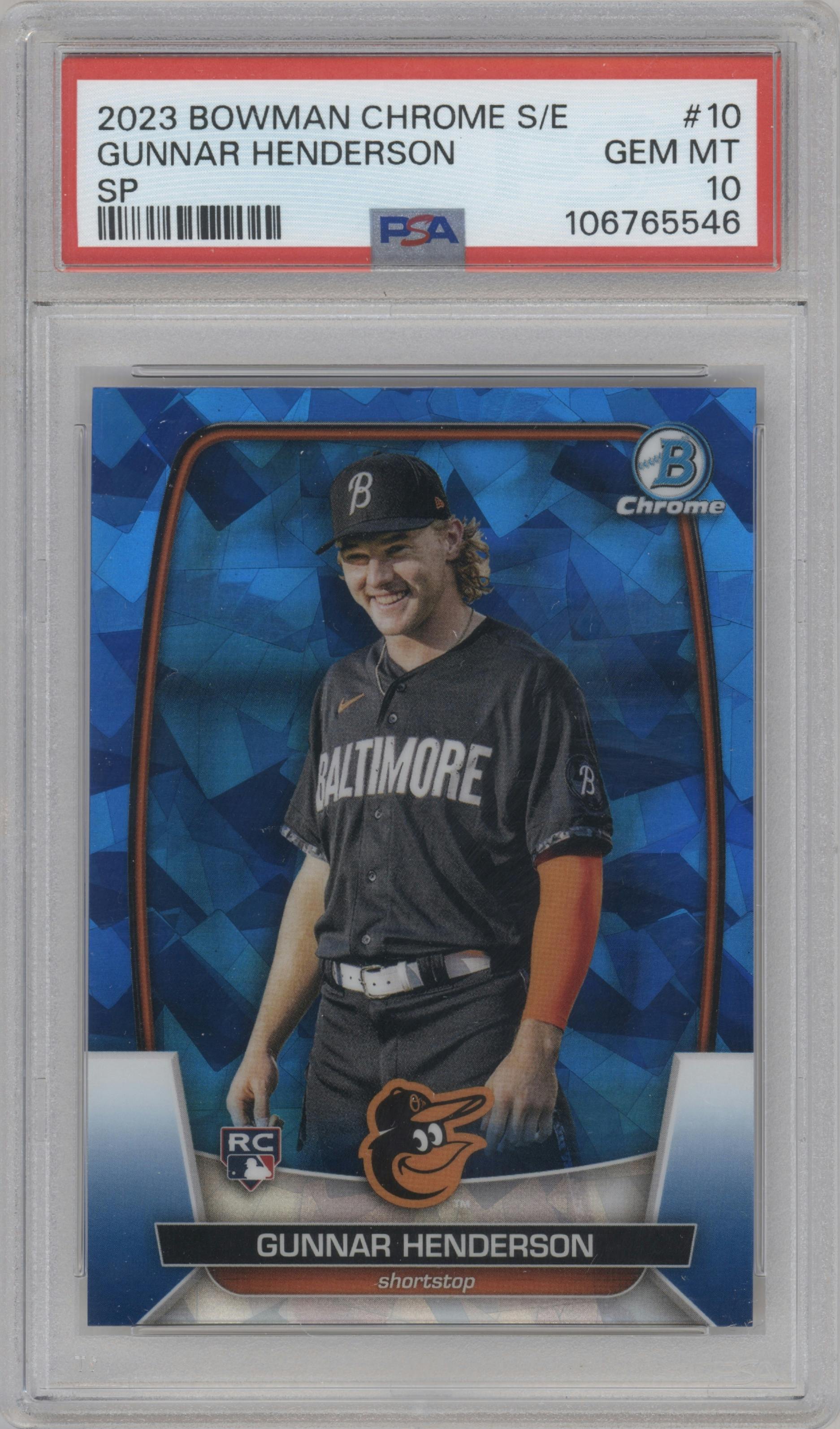 Gunnar Henderson from the 2023 Bowman Chrome Sapphire Edition set graded by PSA and given an overall grade of 10.