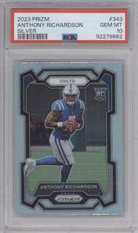 Anthony Richardson from the 2023 Panini Prizm set featuring a Silver Prizm parallel graded by PSA and given an overall grade of 10.