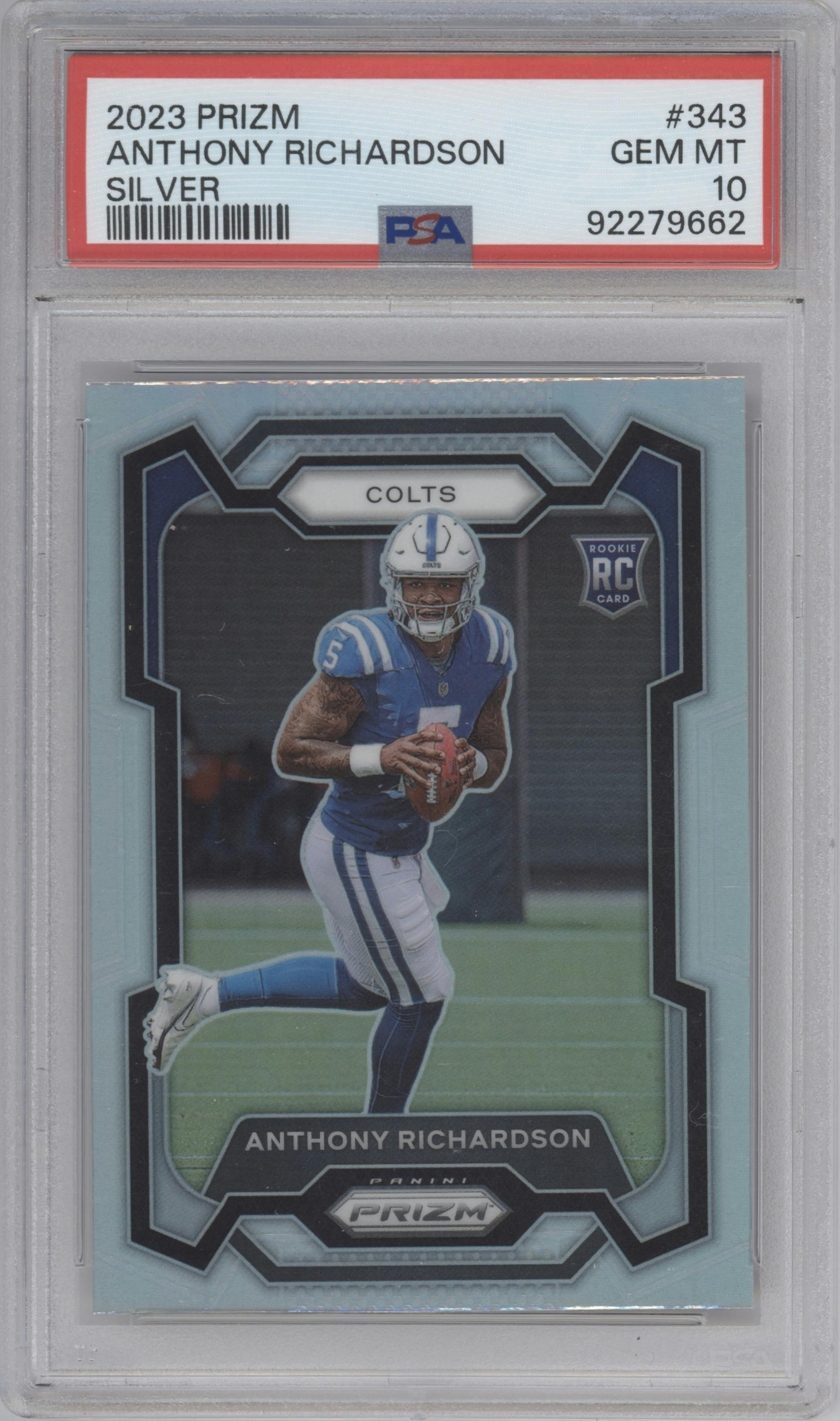 Anthony Richardson from the 2023 Panini Prizm set featuring a Silver Prizm parallel graded by PSA and given an overall grade of 10.