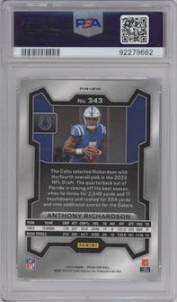 Anthony Richardson from the 2023 Panini Prizm set featuring a Silver Prizm parallel graded by PSA and given an overall grade of 10.
