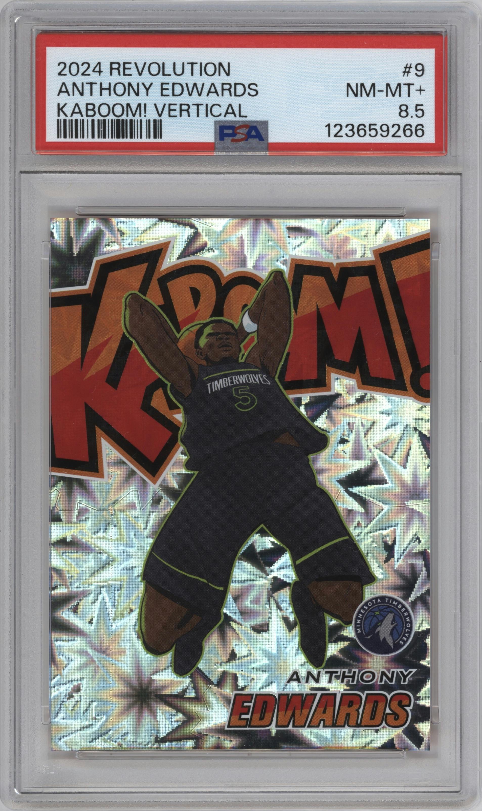 Anthony Edwards from the 2024-25 Panini Revolution set graded by PSA and given an overall grade of 8.5.