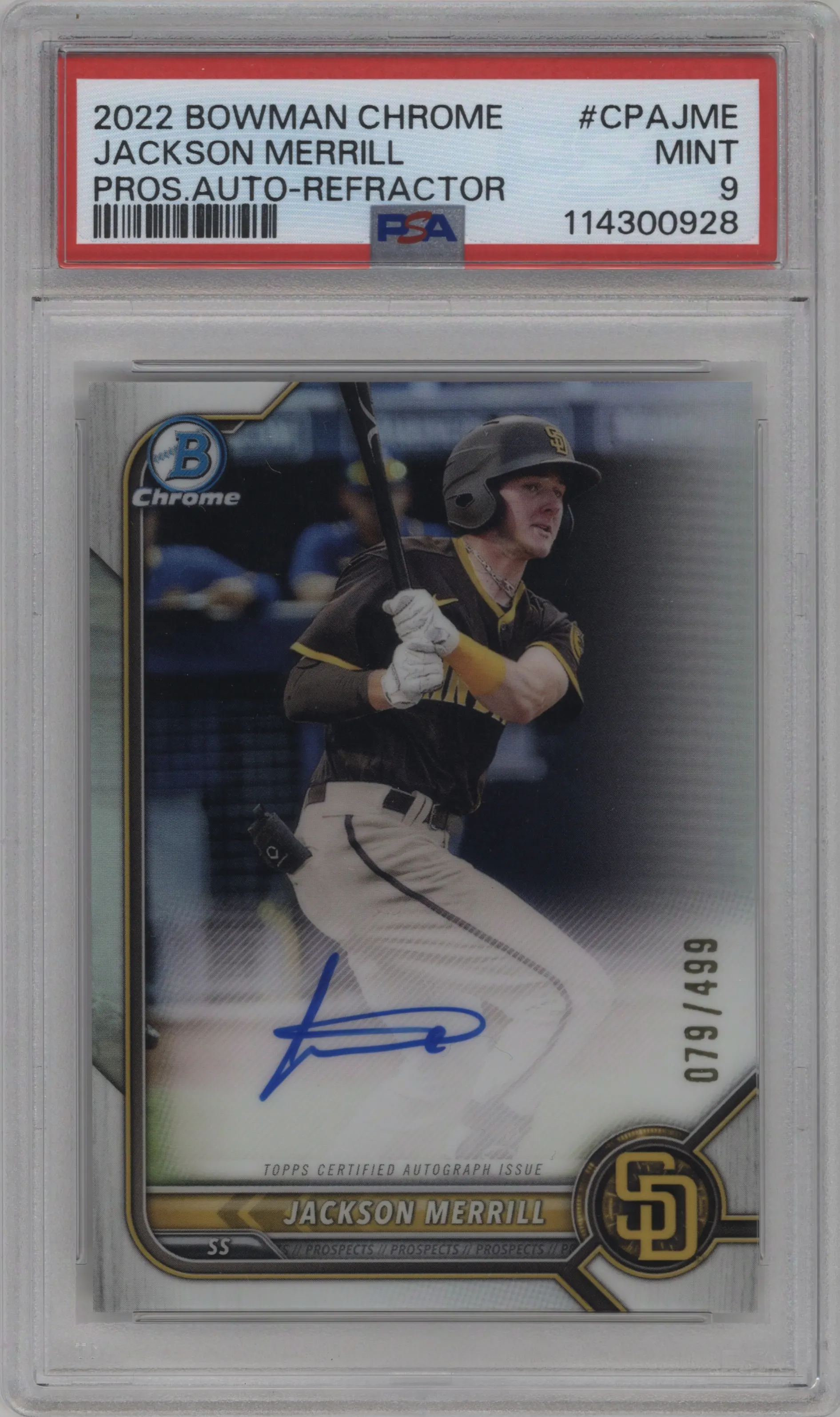 2022 Bowman Chrome Pros.Auto Jackson Merrill Refractor #CPA-JME PSA 9