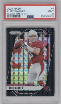 Kurt Warner from the 2024 Panini Prizm set featuring a Black Finite parallel graded by PSA and given an overall grade of 9.