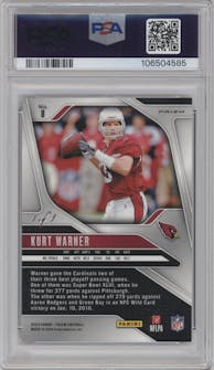 Kurt Warner from the 2024 Panini Prizm set featuring a Black Finite parallel graded by PSA and given an overall grade of 9.