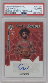 Coby White from the 2019-20 Panini Mosaic  set featuring a Red Wave parallel graded by PSA and given an overall grade of 10.