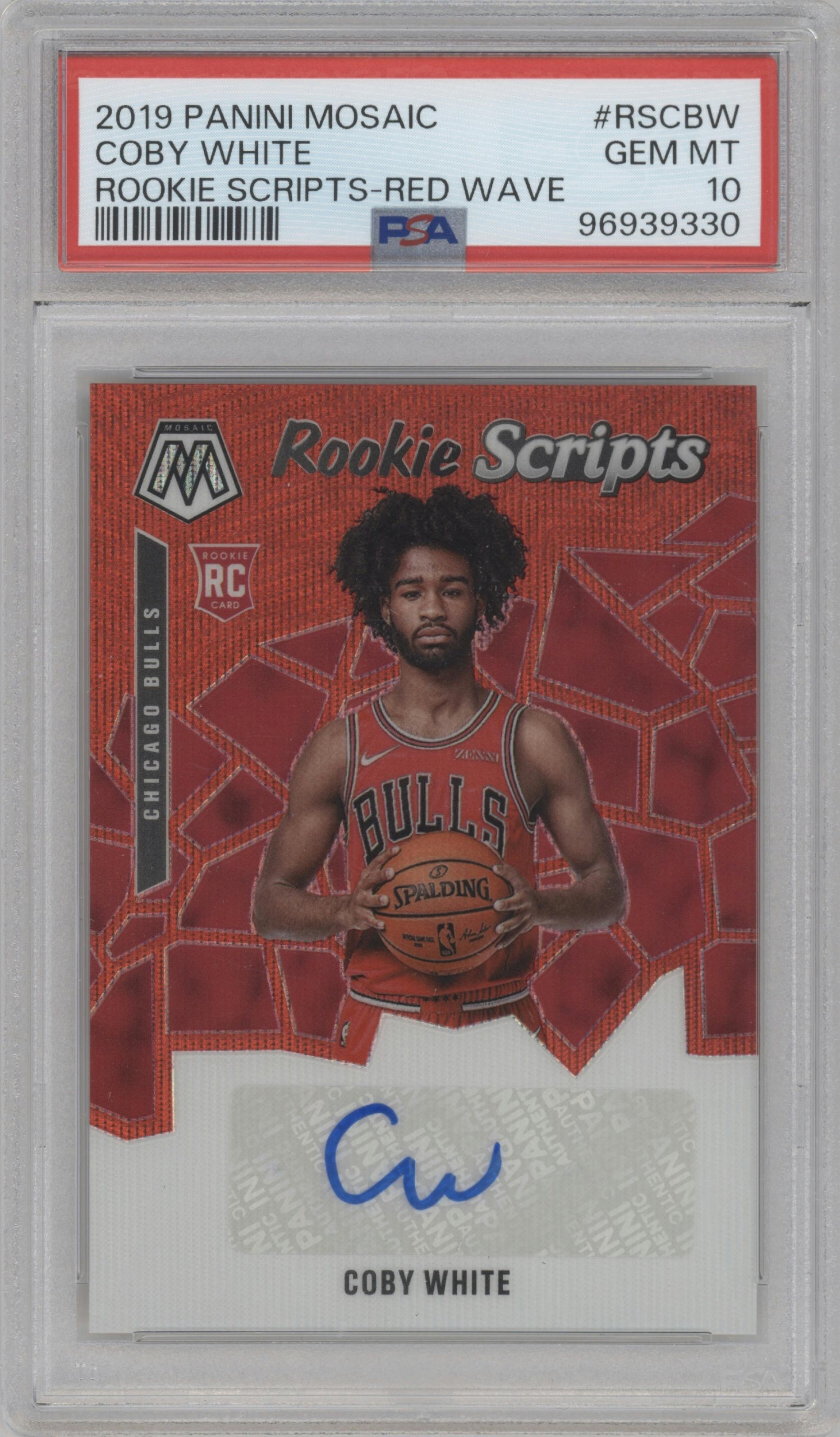 Coby White from the 2019-20 Panini Mosaic  set featuring a Red Wave parallel graded by PSA and given an overall grade of 10.