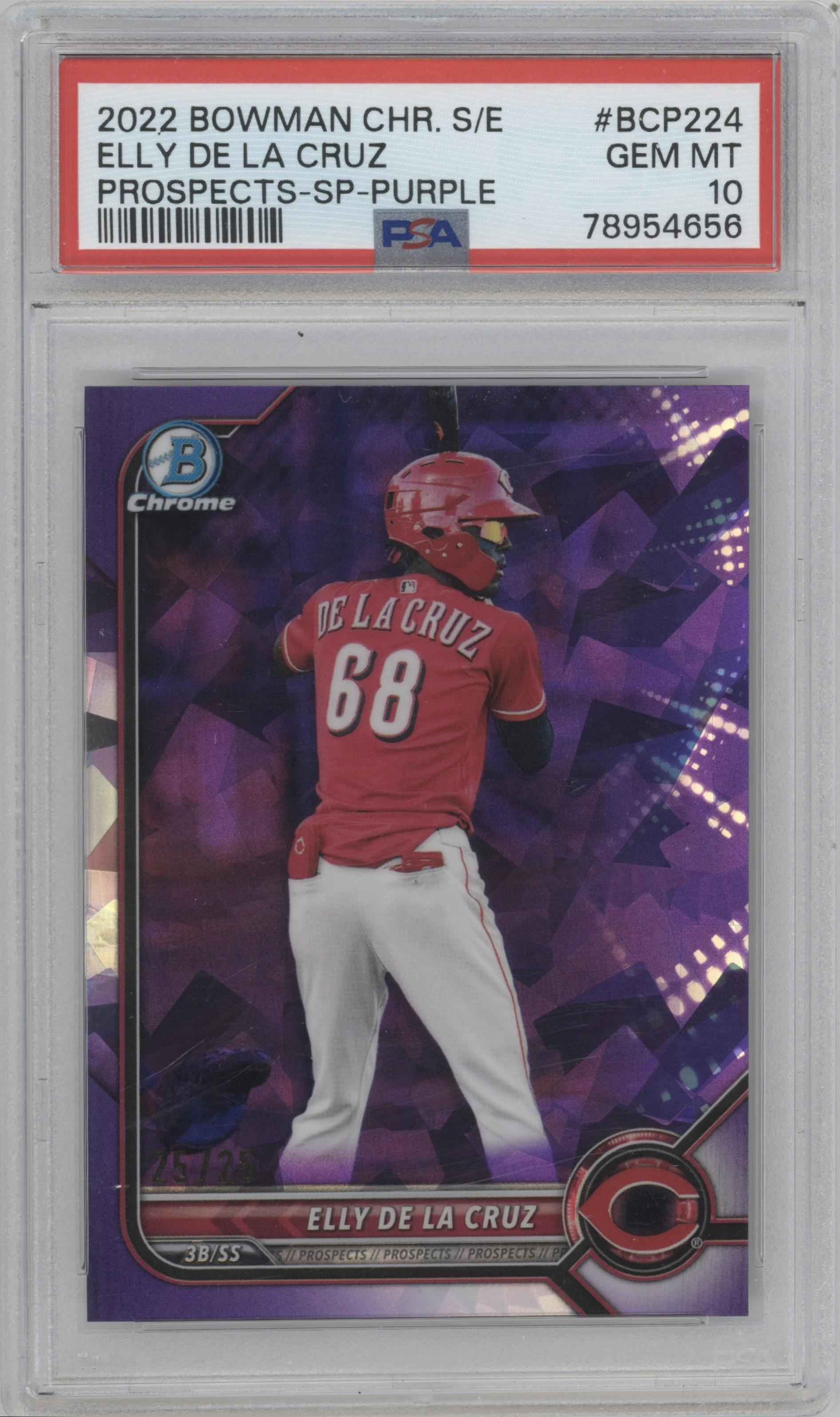 Elly Dela Cruz from the 2022 Bowman Chrome Sapphire Edition set featuring a Purple parallel graded by PSA and given an overall grade of 10.