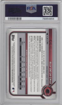 Elly Dela Cruz from the 2022 Bowman Chrome Sapphire Edition set featuring a Purple parallel graded by PSA and given an overall grade of 10.