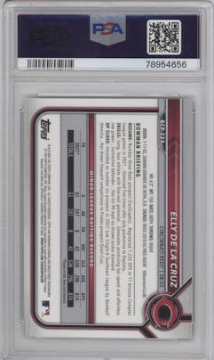 Elly Dela Cruz from the 2022 Bowman Chrome Sapphire Edition set featuring a Purple parallel graded by PSA and given an overall grade of 10.