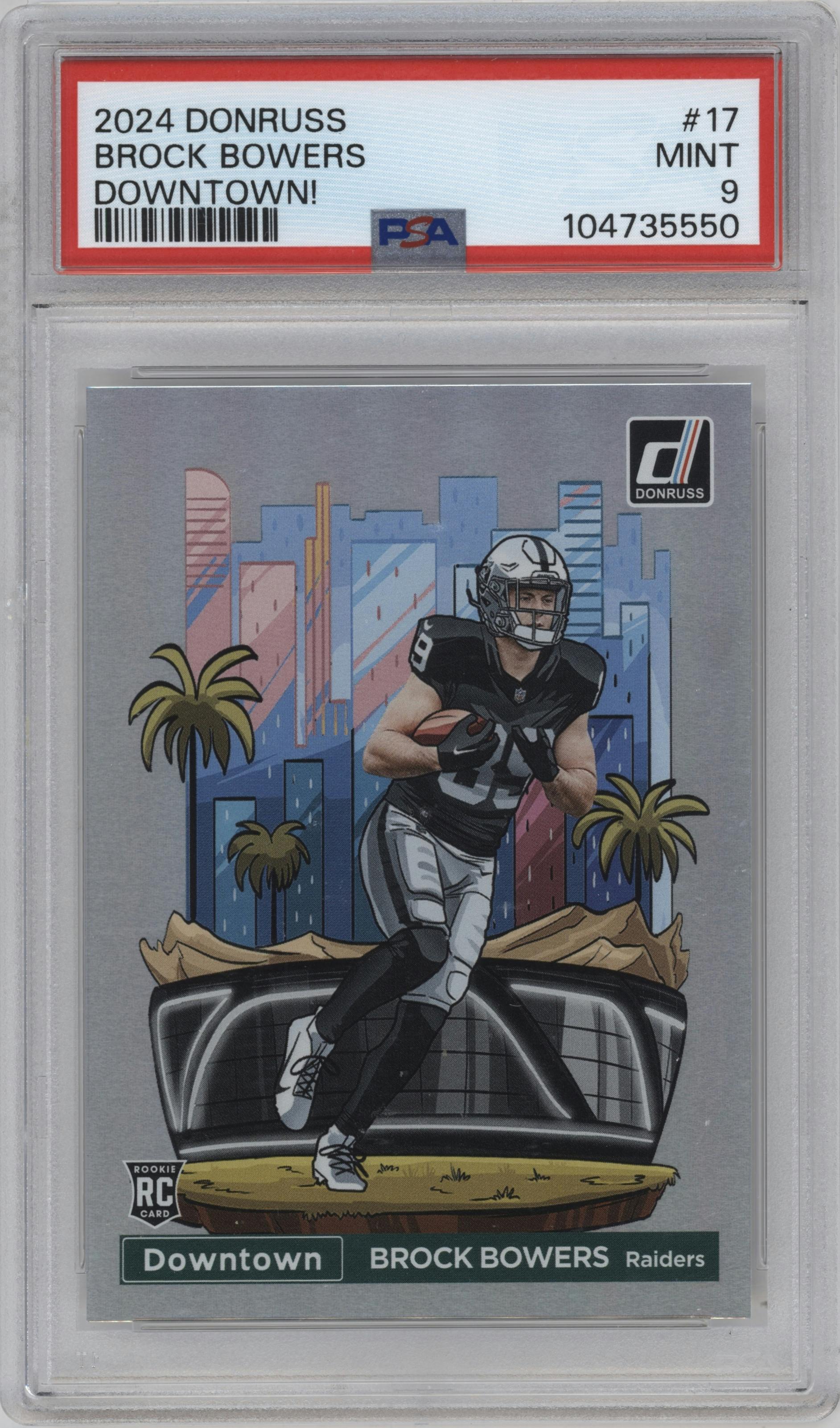 Brock Bowers from the 2024 Donruss set graded by PSA and given an overall grade of 9.