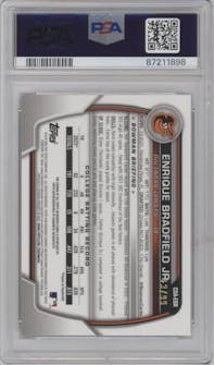 Enrique Bradfield Jr. from the 2023 Bowman Draft set featuring a Green Refractor parallel graded by PSA and given an overall grade of 10.