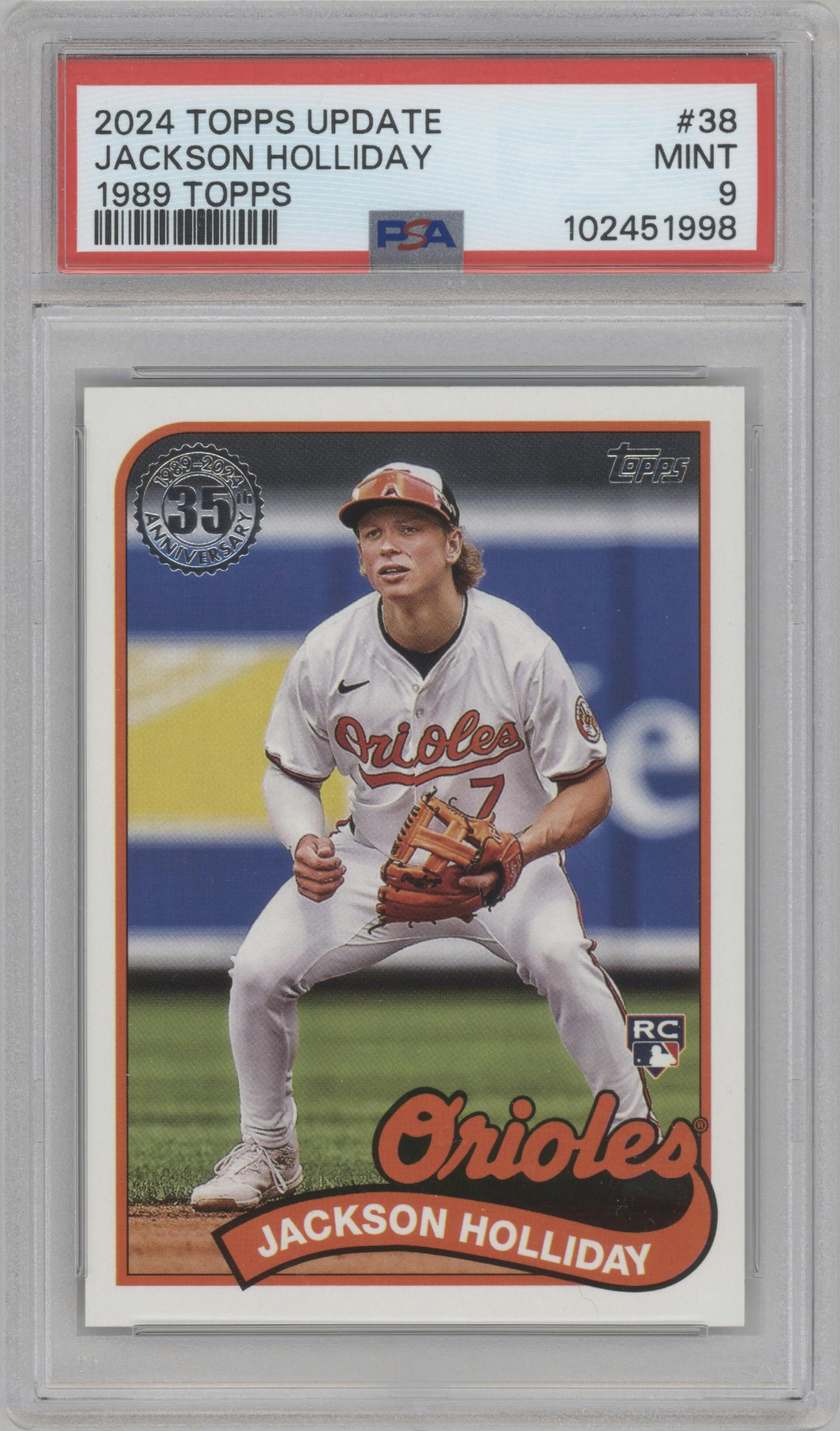 Jackson Holliday from the 2024 Topps Update set graded by PSA and given an overall grade of 9.
