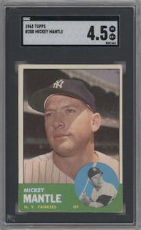 Mickey Mantle from the 1963 Topps set graded by SGC and given an overall grade of 4.5.